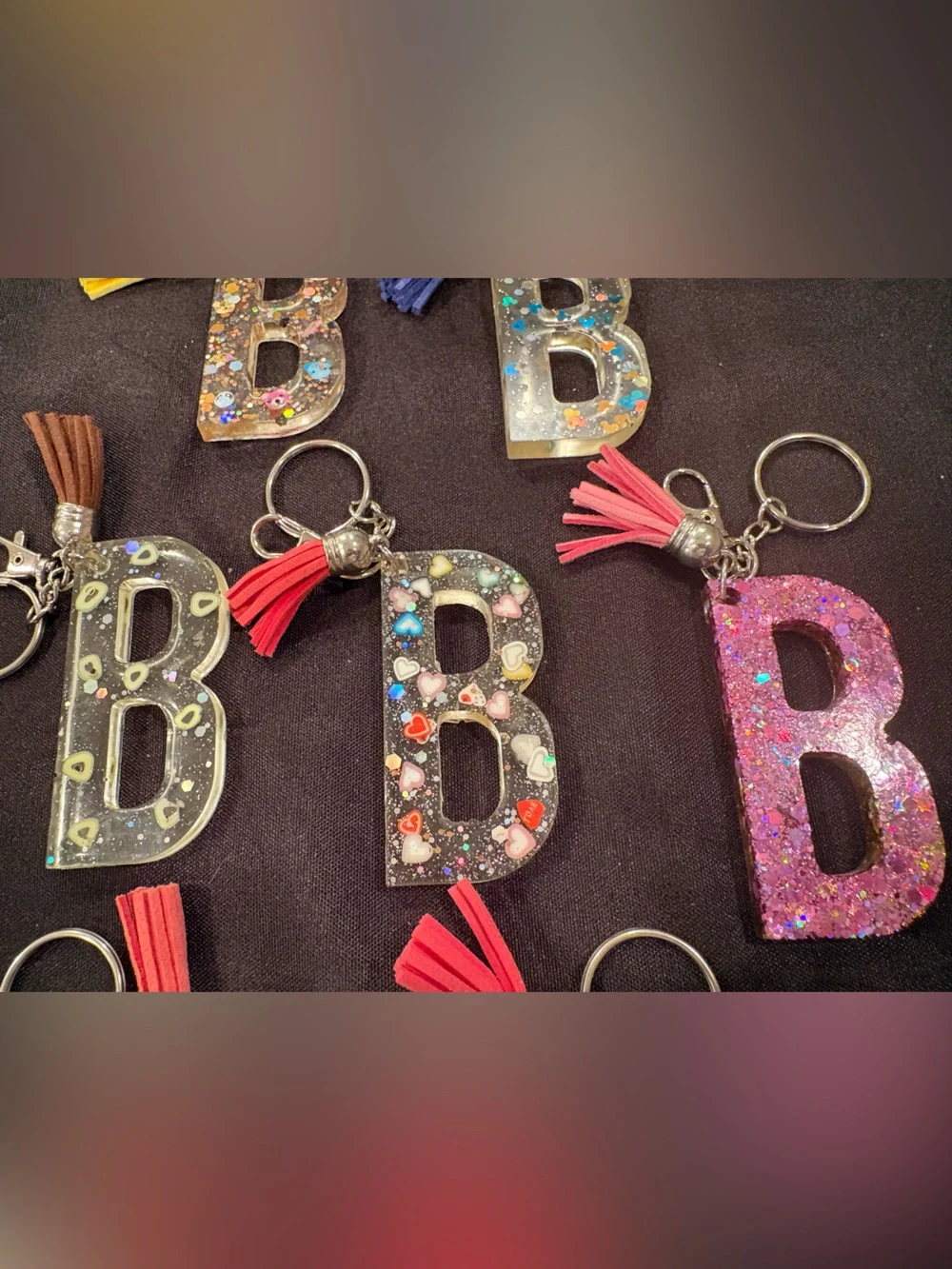 Glitter Resin 'B' Keychains with Tassels - Multiple Colors